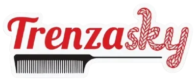 Logotipo de "Trenzasky" en letras rojas, con un peine y una l&iacute;nea negra debajo de la palabra.