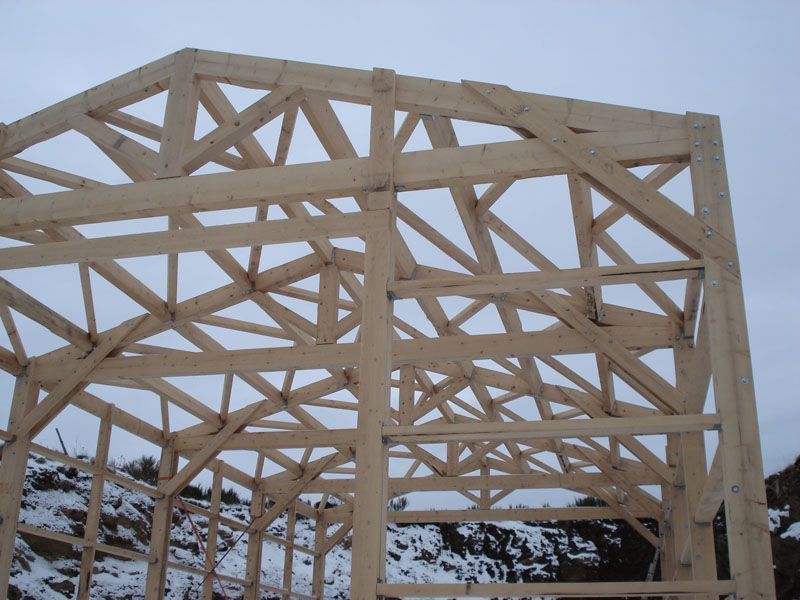 La structure en bois d'un bâtiment en construction se détache sur un paysage enneigé.