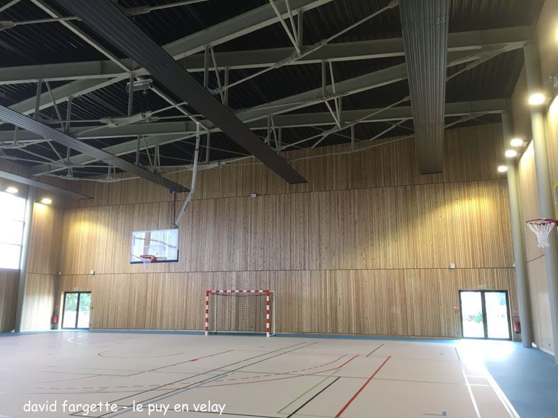 Intérieur d'un gymnase avec murs en bois, panier de basket et but de handball. Sol bleu, poutres métalliques et éclairage.