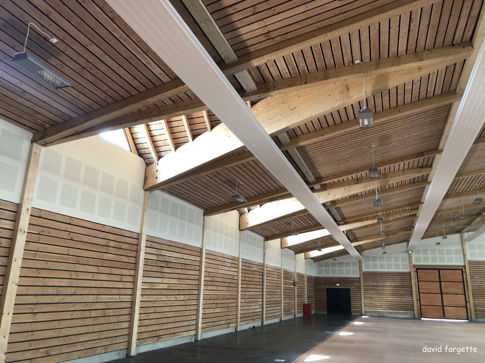 Intérieur lambrissé avec puits de lumière. Lambris horizontaux sur les murs inférieurs, panneaux acoustiques blancs et sol foncé.