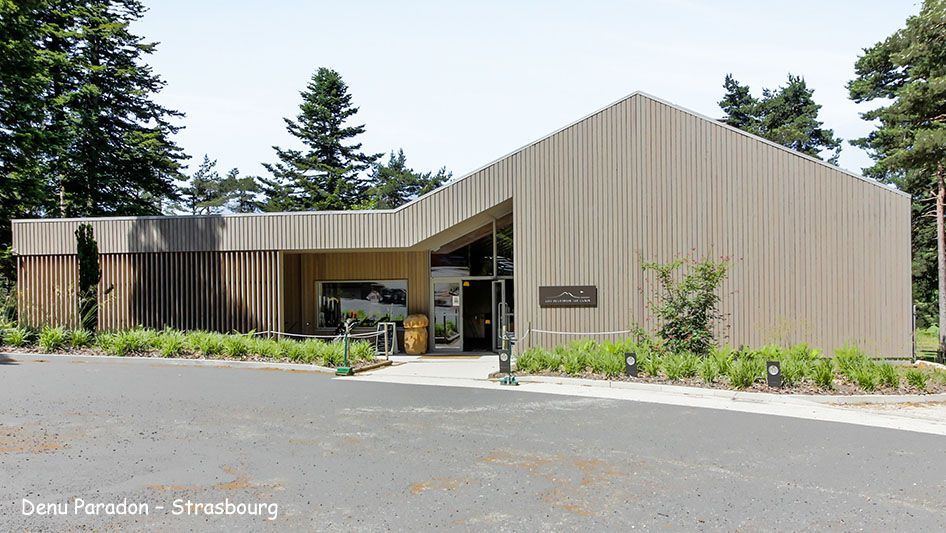 Bâtiment moderne en bois avec entrée vitrée, situé dans une forêt, sous un ciel lumineux.