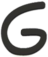 Lettre « G » noire stylisée, dans un style manuscrit incurvé.