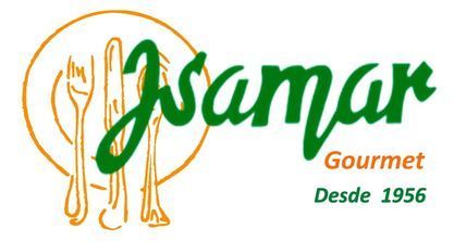 Logotipo de "Asamar Gourmet" con letras verdes, utensilios naranjas y el texto "Desde 1956".