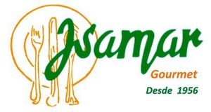 Logotipo de "Asamar Gourmet" con letras verdes, utensilios naranjas y el texto "Desde 1956".