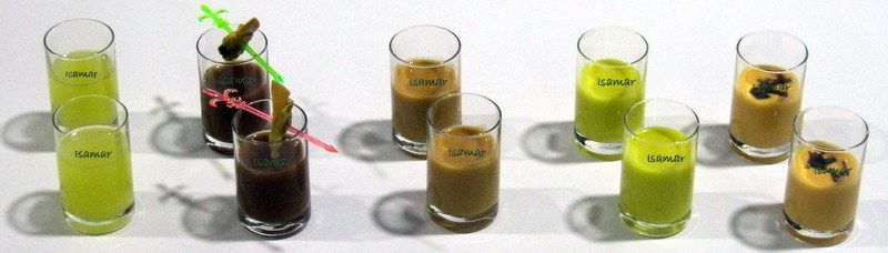 Seis vasos de bebidas coloridas dispuestas en capas sobre una superficie blanca.