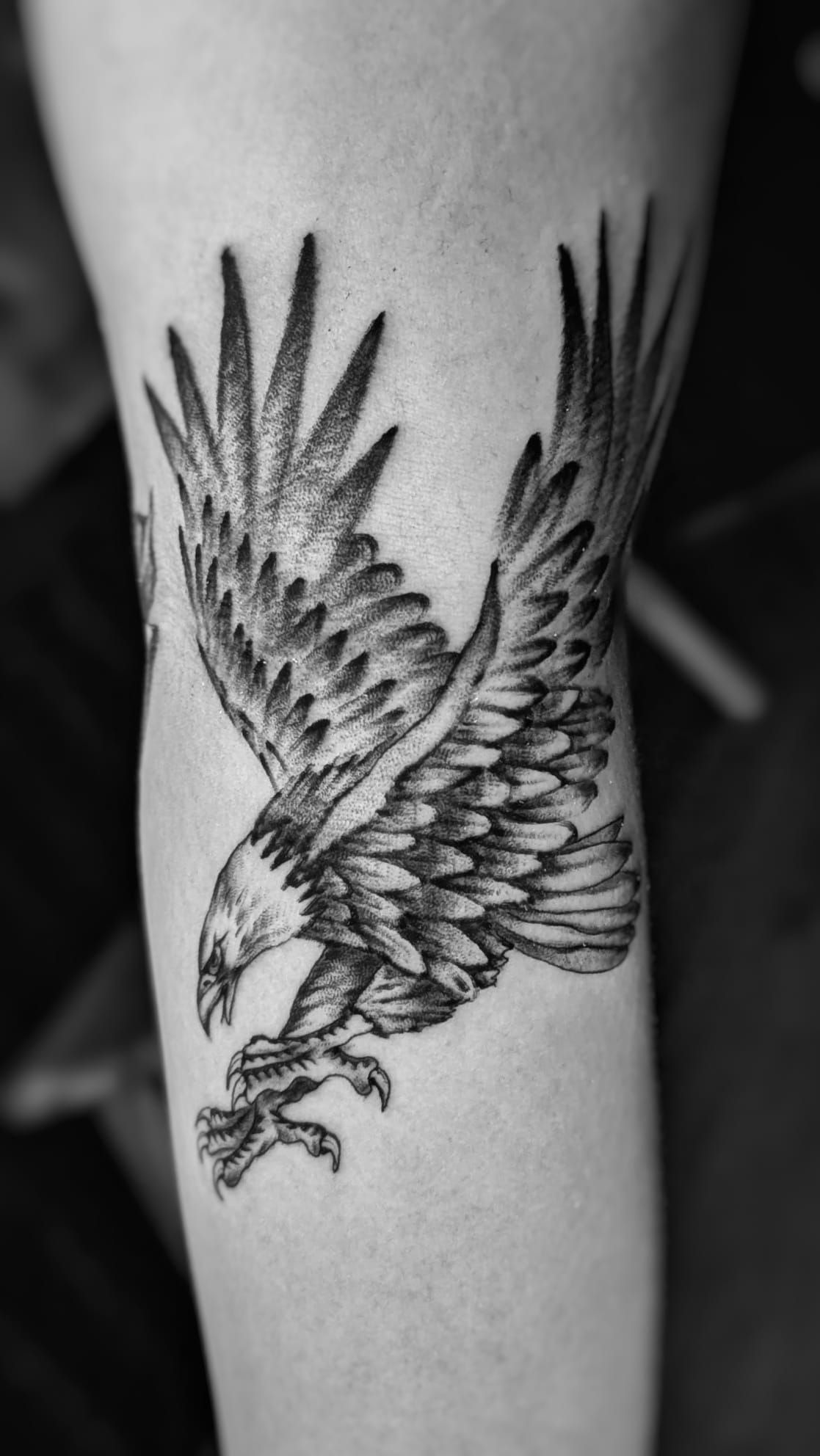 Un tatuaje en blanco y negro en el brazo de una persona que representa un águila calva en vuelo con las garras extendidas.