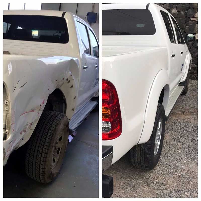 Una foto de antes y después de un camión blanco.