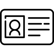 Un icono en blanco y negro de una tarjeta de identificación con la foto de una persona en ella.