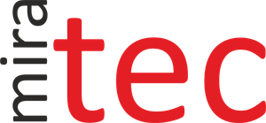 Un logotipo rojo y negro para miretec sobre un fondo blanco