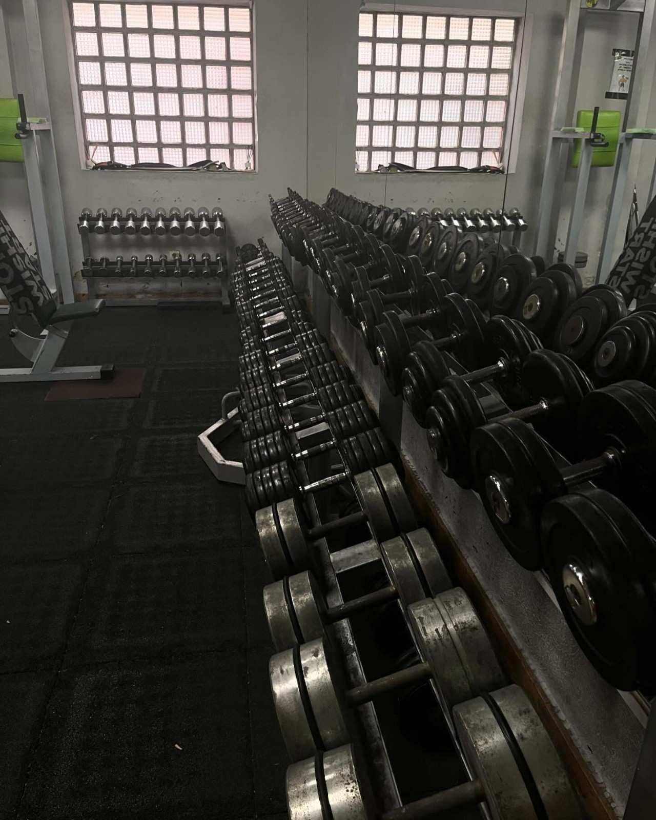 Una hilera de mancuernas pesadas en un soporte en un gimnasio, con ventanas y aparatos de gimnasia visibles al fondo.