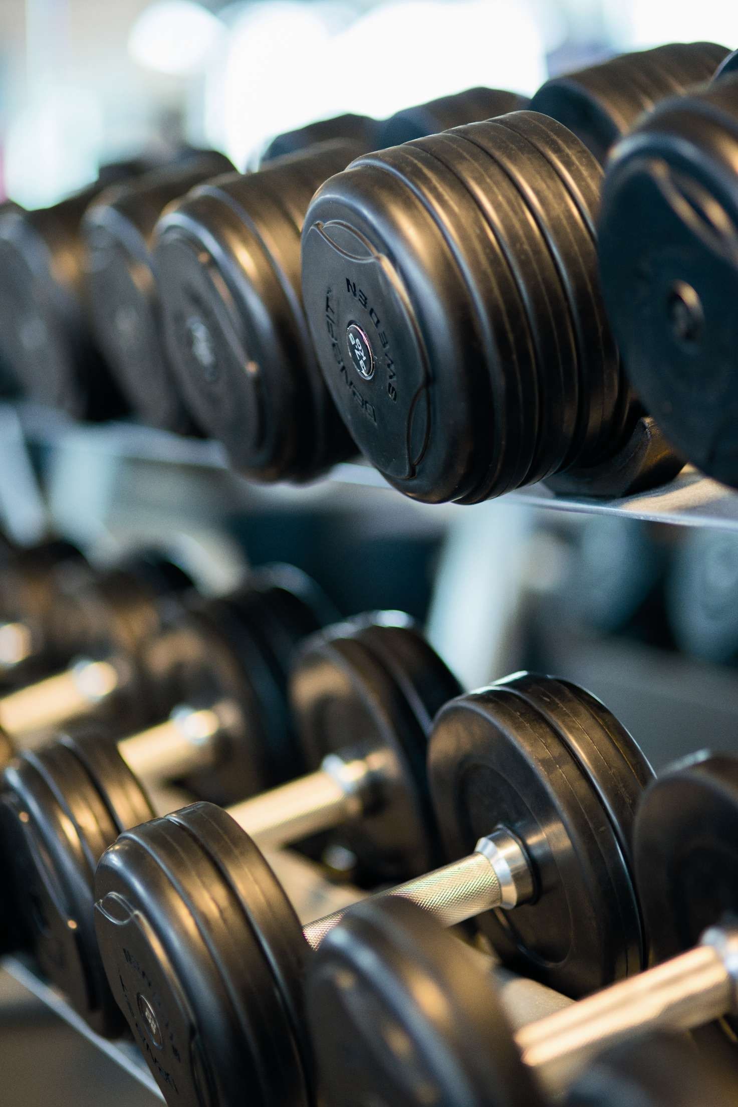 Fila de mancuernas negras en un soporte de gimnasio, primer plano con pesas borrosas al fondo.