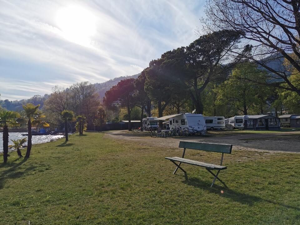 Una panchina del parco è seduta nel mezzo di un campo erboso.