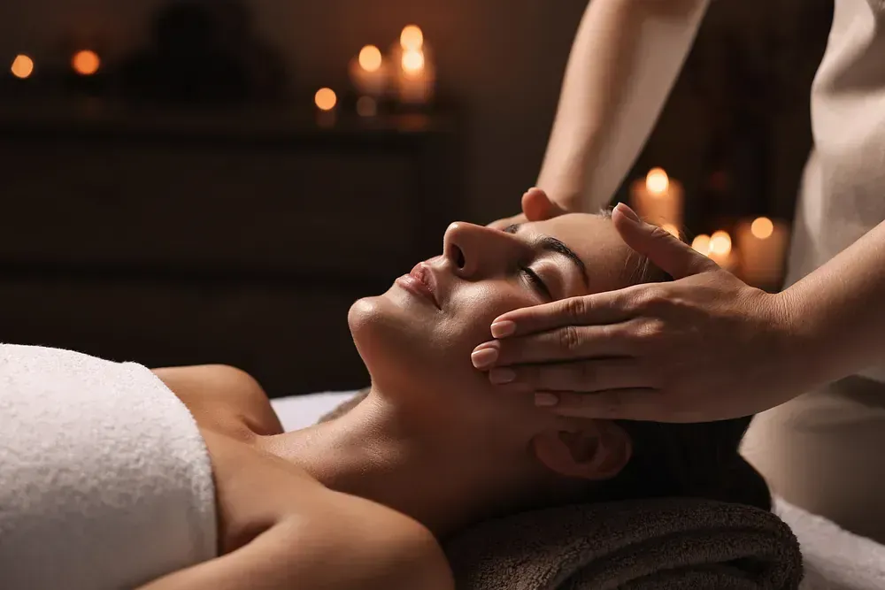 Una mujer está recibiendo un masaje de cabeza en un spa.