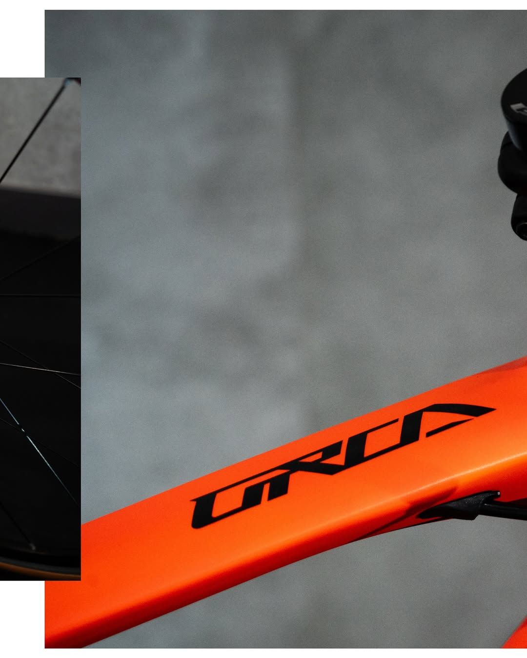 Un primer plano de una bicicleta naranja con la palabra orca escrita en ella.