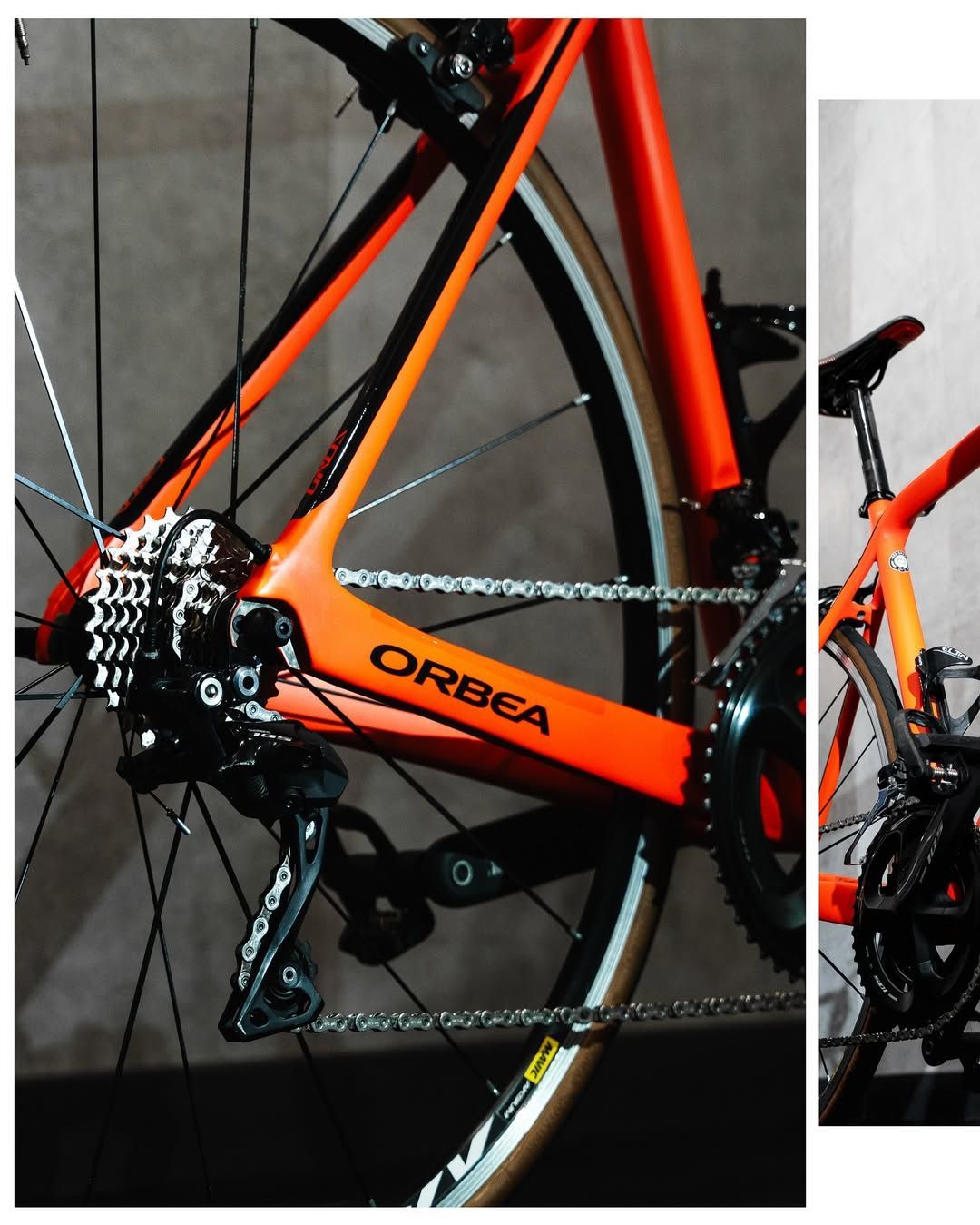 Un primer plano de una bicicleta Orbea naranja.