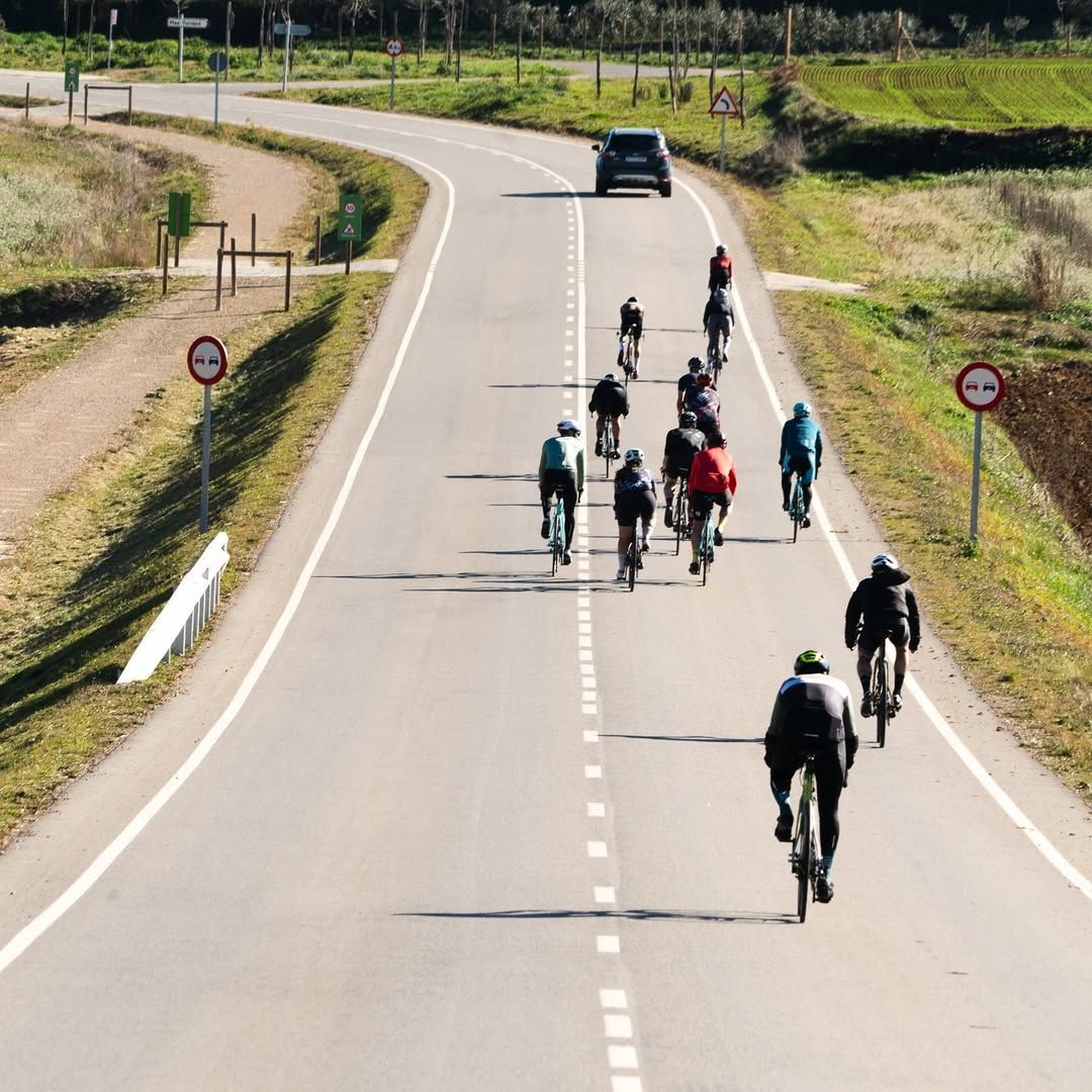Un grupo de personas va en bicicleta por una calle.