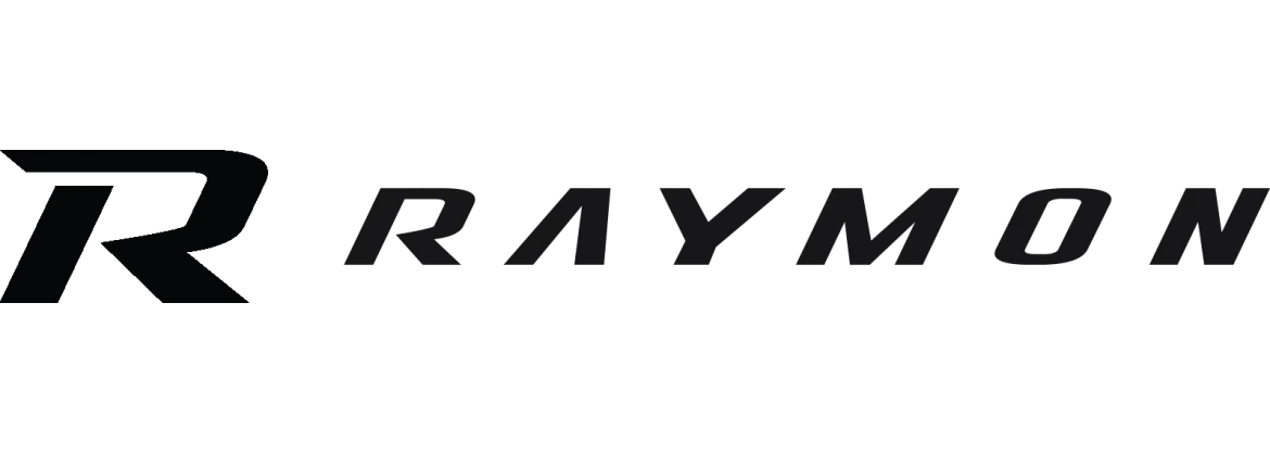 Un logotipo en blanco y negro para Raymon sobre un fondo blanco.