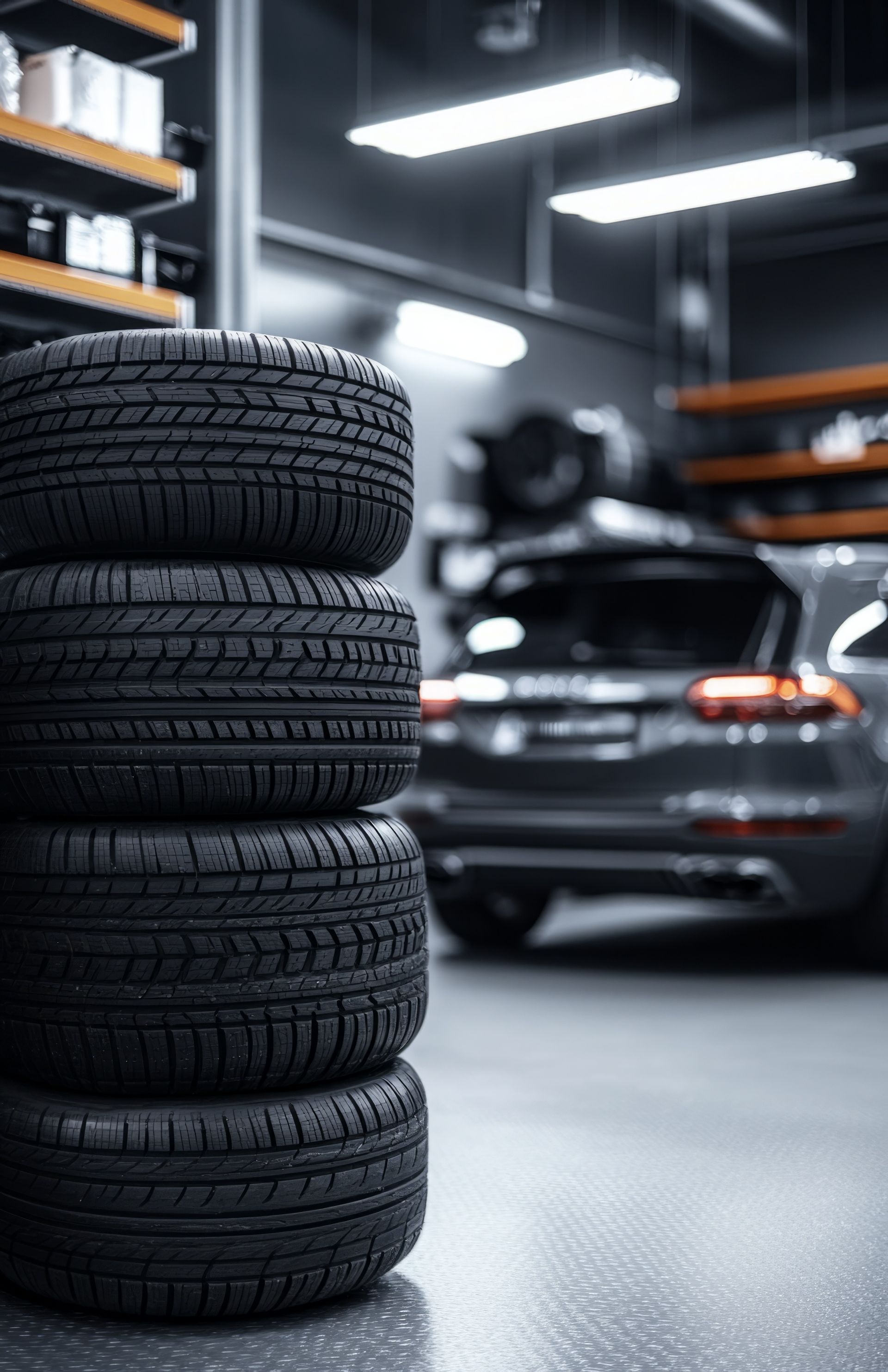 Un garage avec des pneus superposés