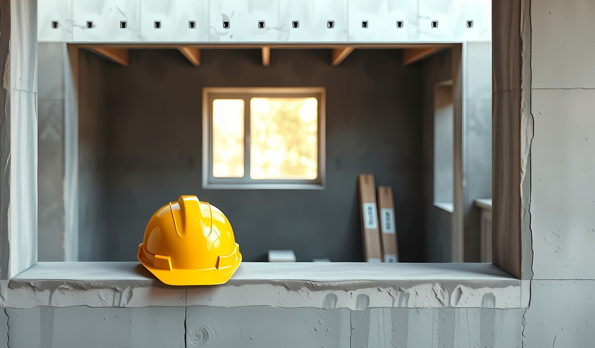 Un casque de chantier jaune posé sur un rebord en béton dans une pièce inachevée avec une fenêtre et une charpente apparente.