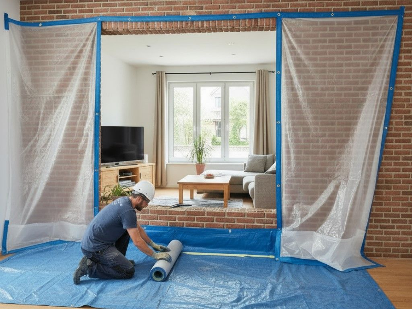 Un ouvrier déroule une protection de sol bleue pour l’ouverture d'une pièce, une bâche en plastique recouvrant l'ouverture du mur.