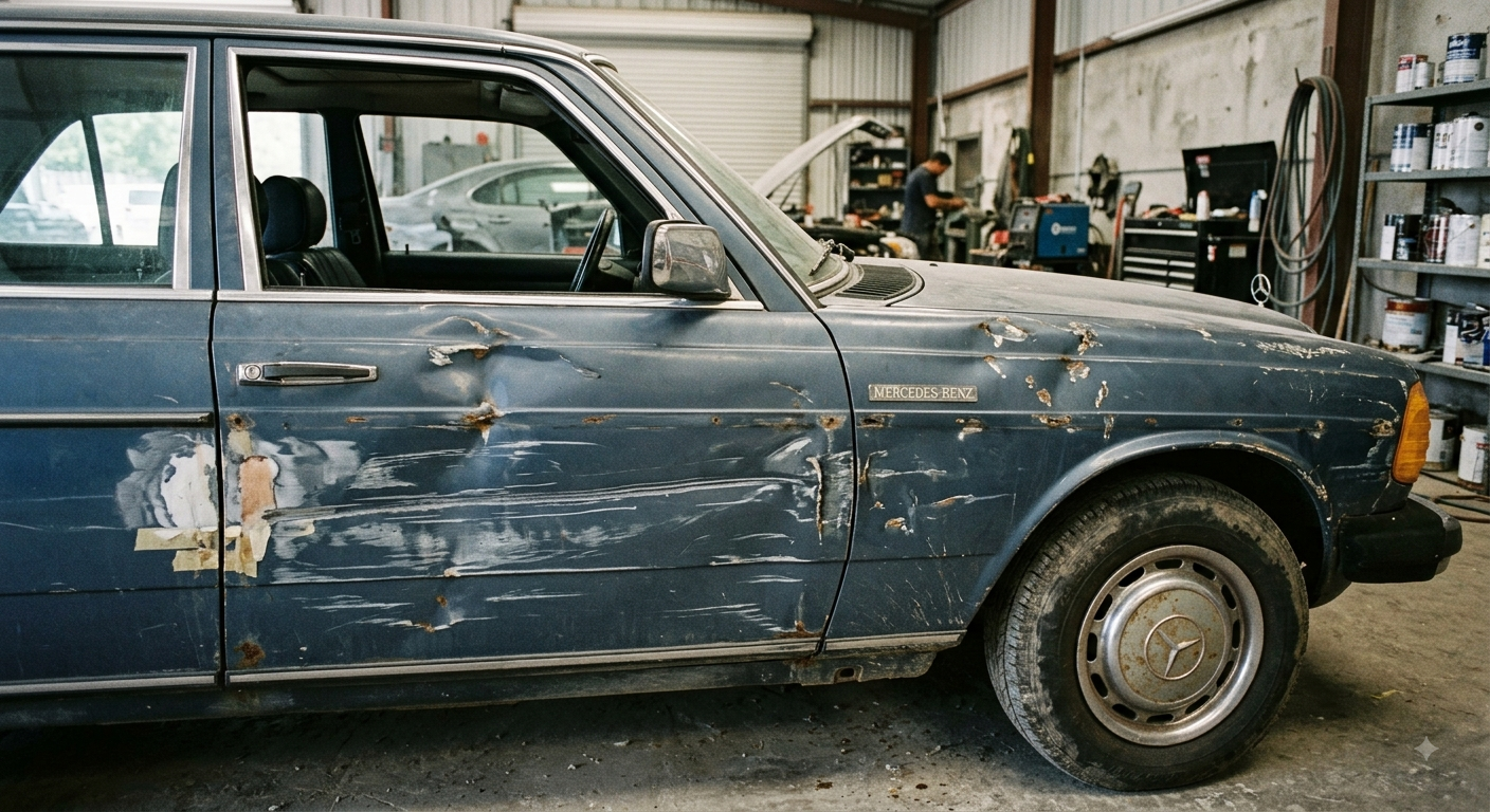 Voiture ancienne bleue cabossée, garée dans un garage