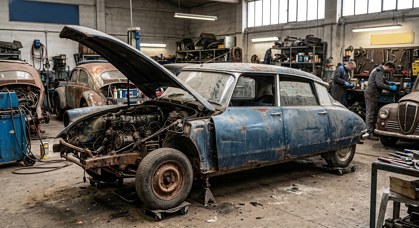 Une vieille voiture bleue, capot ouvert, dans un garage automobile encombré