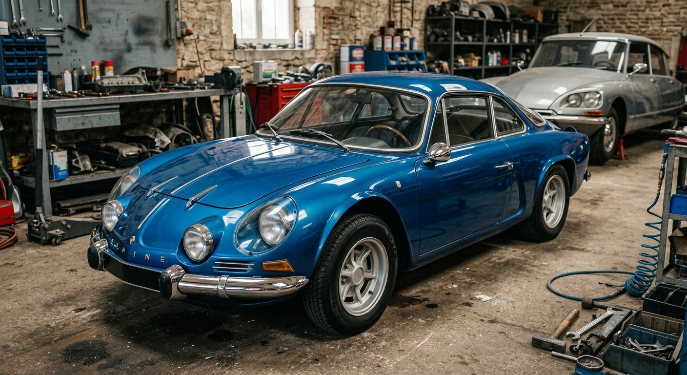Une voiture de sport classique bleue dans un garage