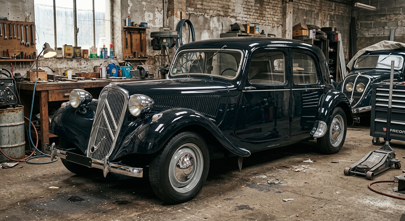 Une voiture noire vintage dans un atelier de réparation automobile encombré