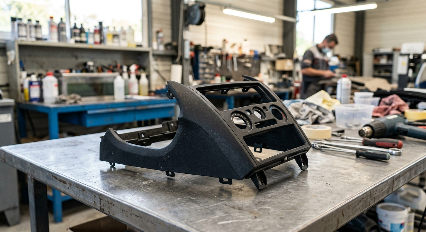 Panneau intérieur de voiture en plastique noir sur un établi dans un atelier animé