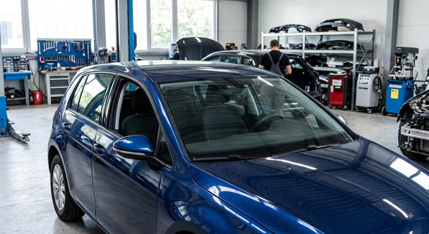 Voiture bleue à hayon dans un atelier de réparation automobile