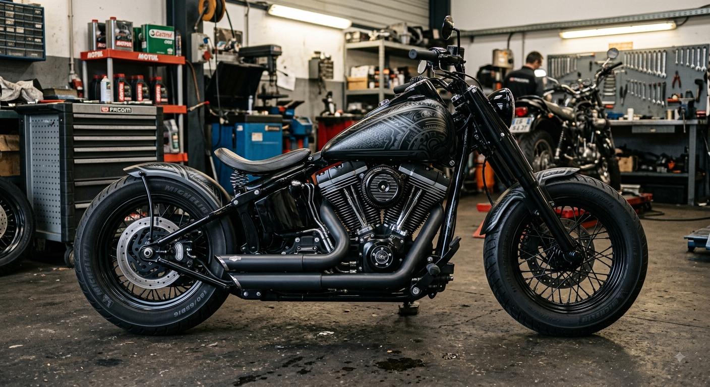 Moto custom noire garée dans un garage-atelier, avec des outils et des étagères en arrière-plan.