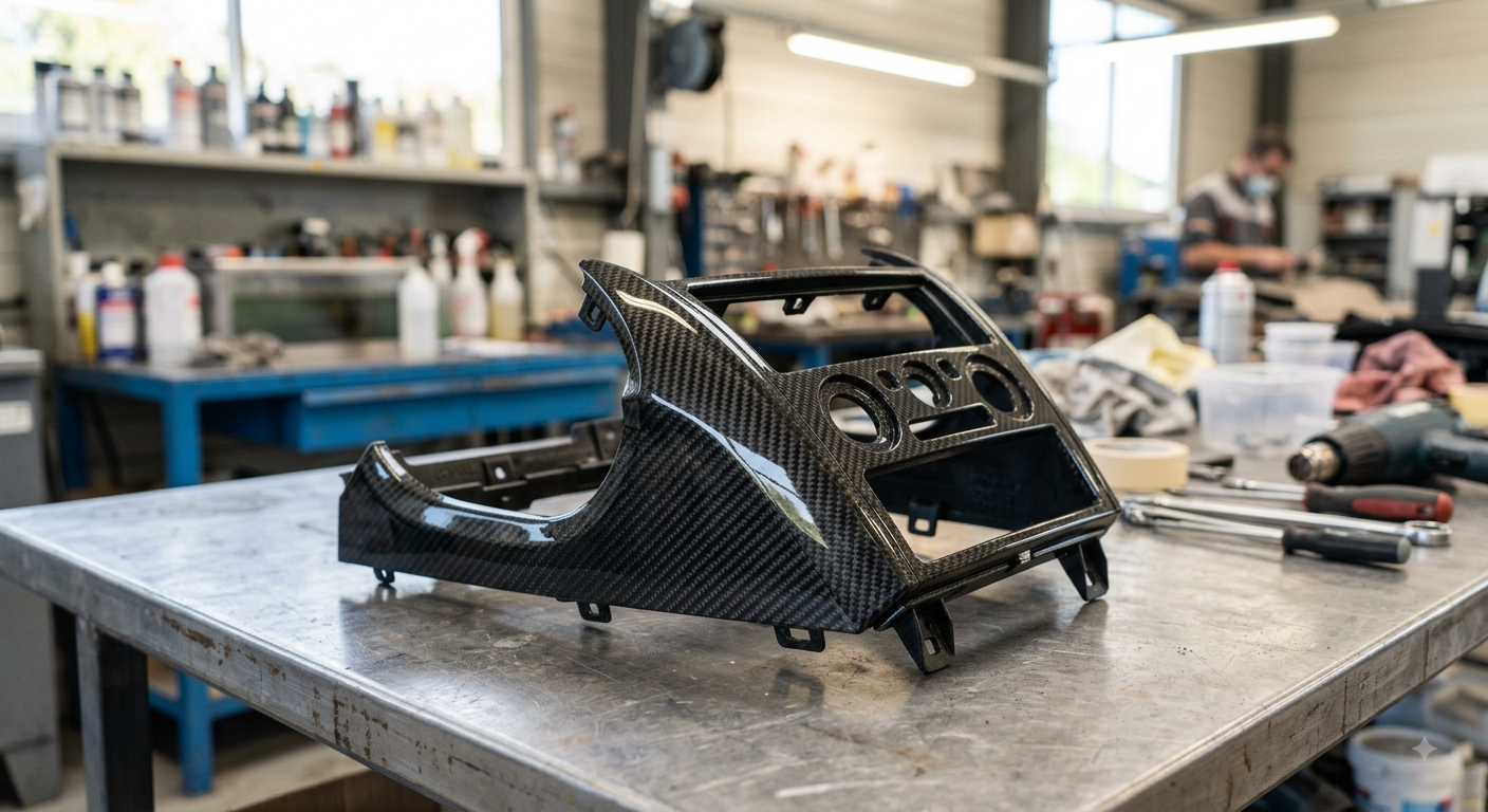 Pièce automobile en fibre de carbone sur un établi dans un atelier