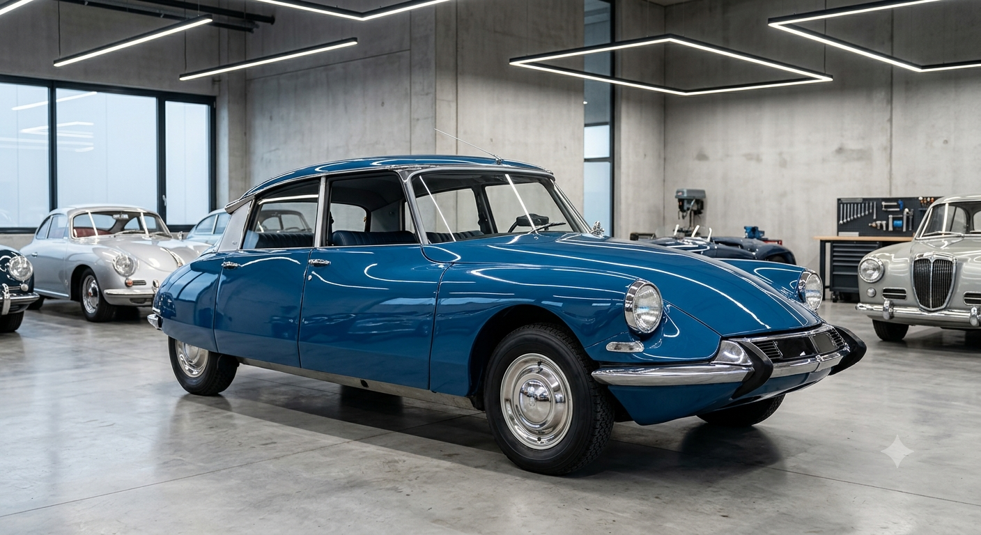 Voiture ancienne bleue exposée à l'intérieur d'un showroom