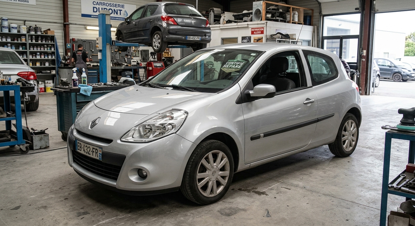 Une voiture à hayon argentée dans un garage automobile