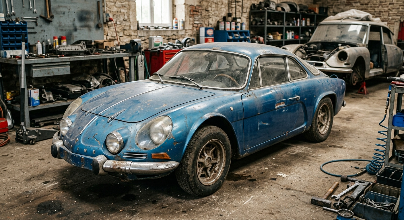 Une voiture de sport bleue vintage dans un garage encombré
