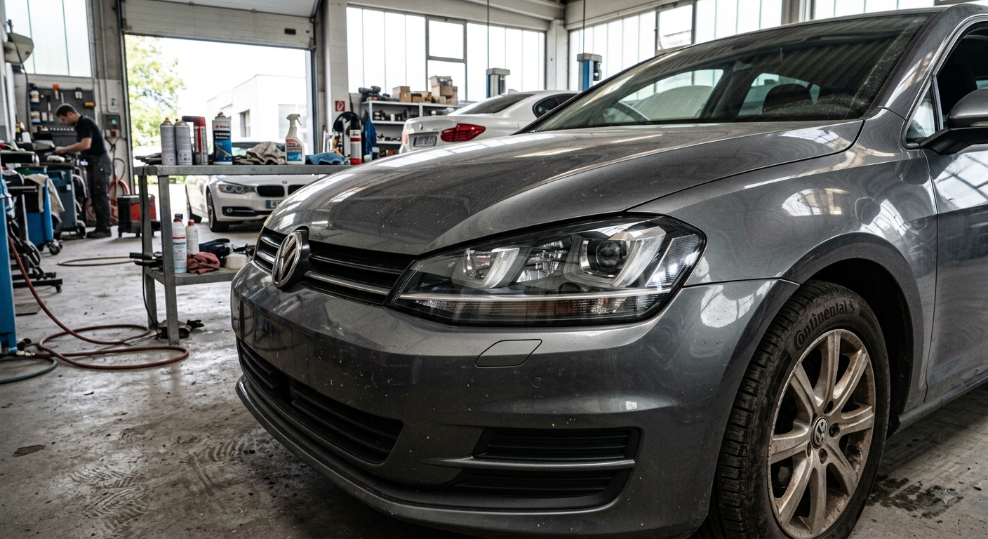 Berline grise dans un garage de mécanicien