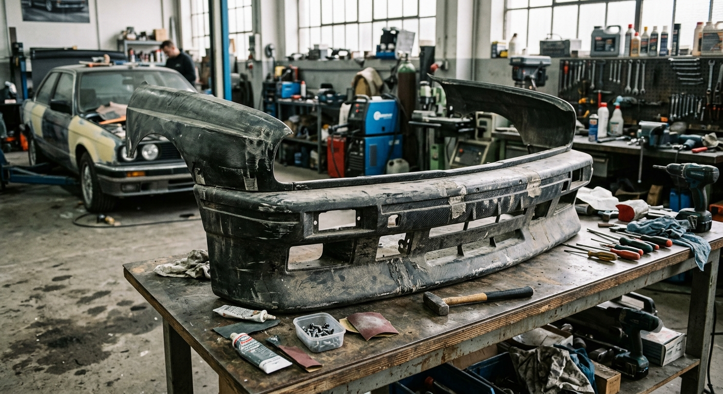Atelier de réparation automobile avec un pare-chocs démonté 