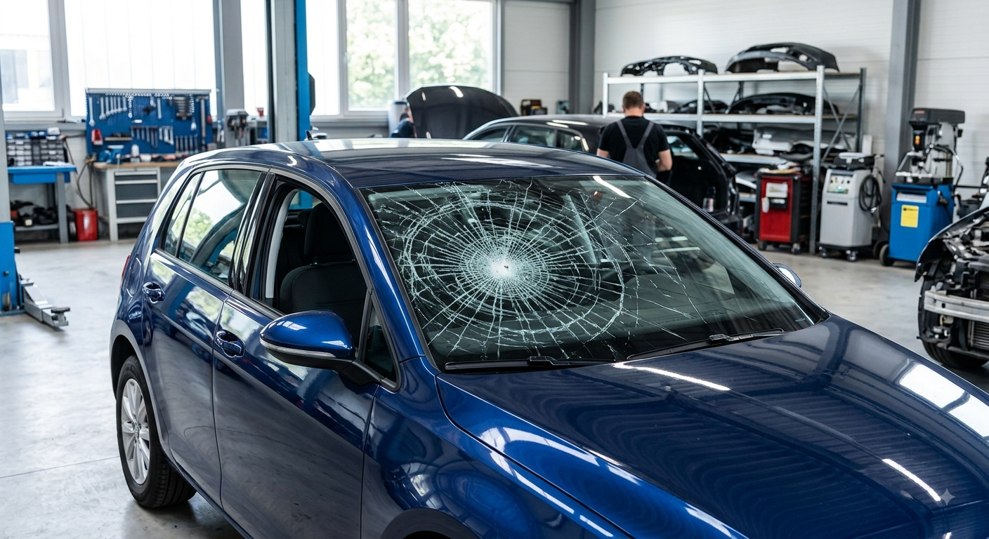 Voiture bleue avec un pare-brise brisé dans un garage automobile
