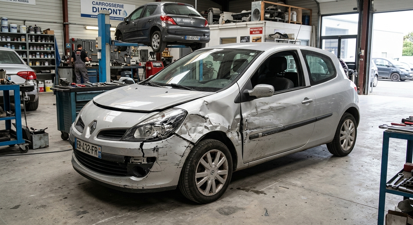 Voiture argentée avec pare-chocs avant endommagé dans un garage automobile