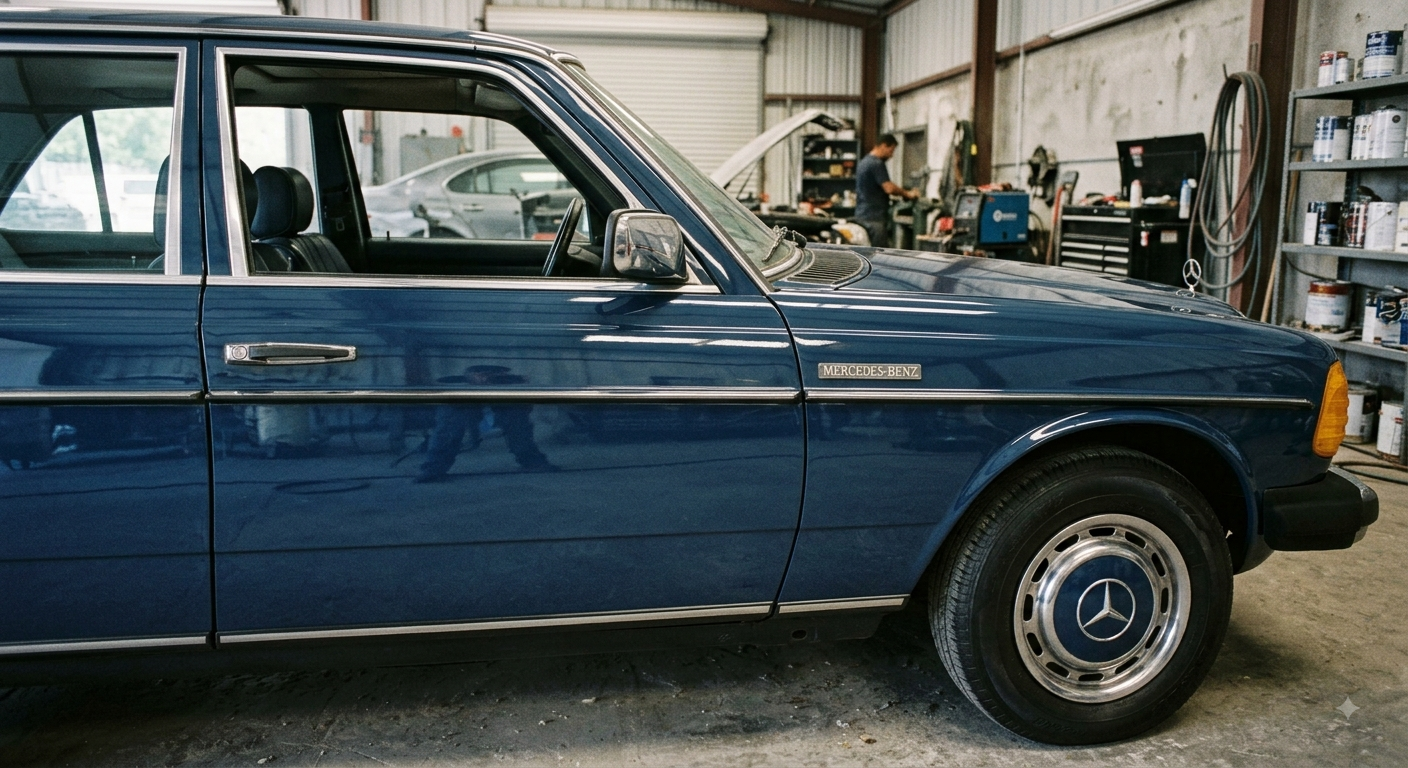 Voiture ancienne bleue garée dans un garage automobile