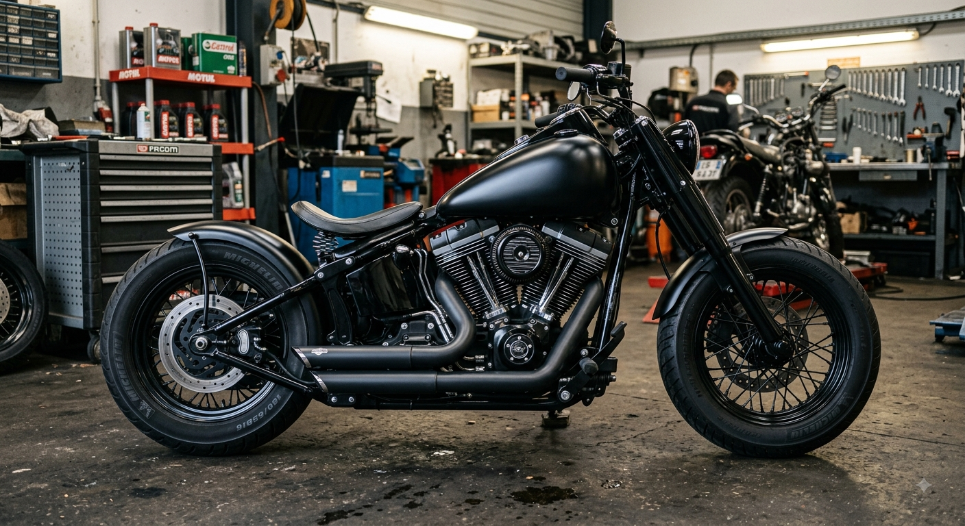 Moto custom noire dans un atelier, vue de côté avec étagères et outils en arrière-plan
