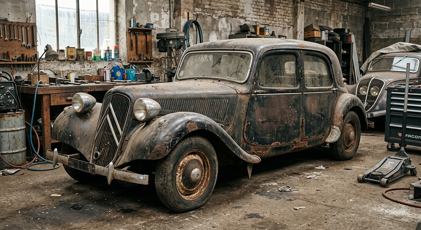 Une vieille berline rouillée dans un atelier automobile encombré