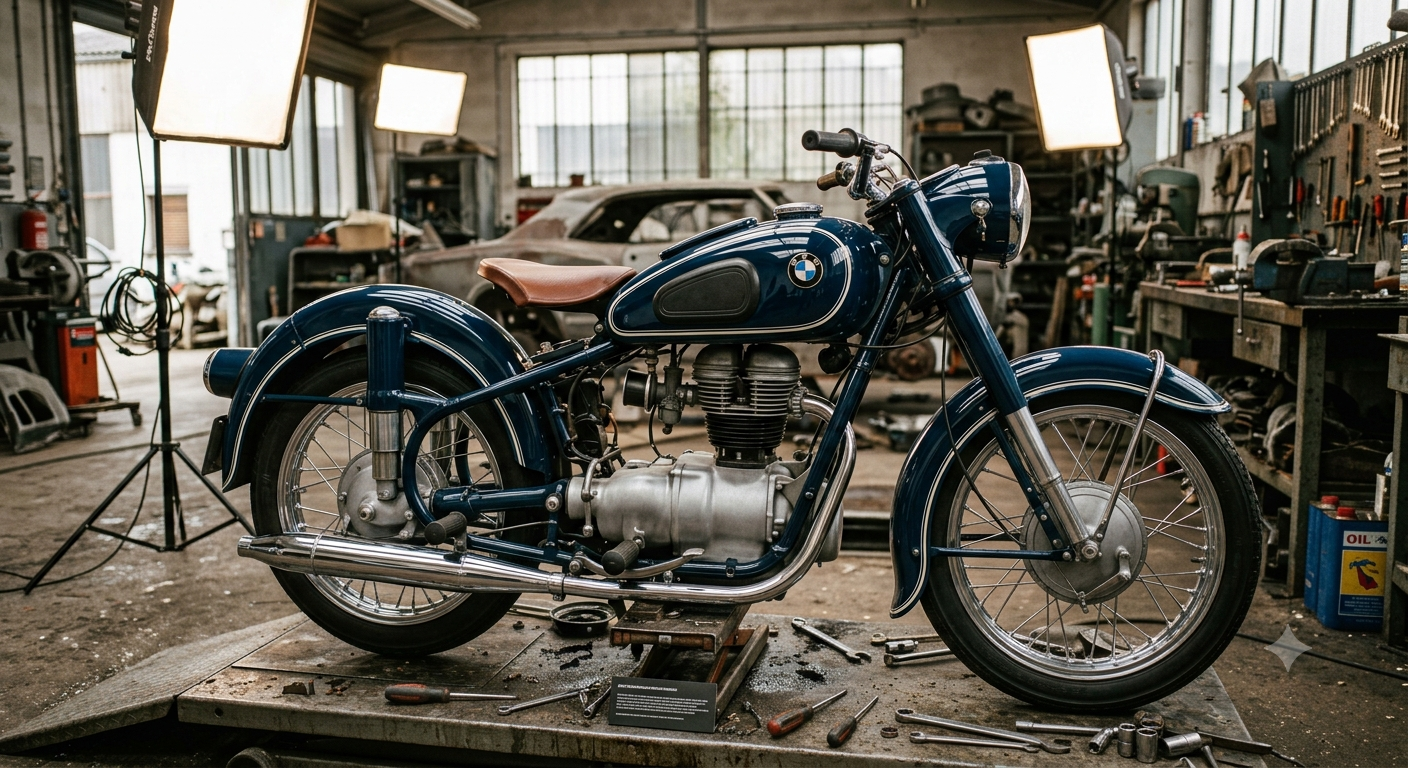 Une moto vintage bleue dans un atelier