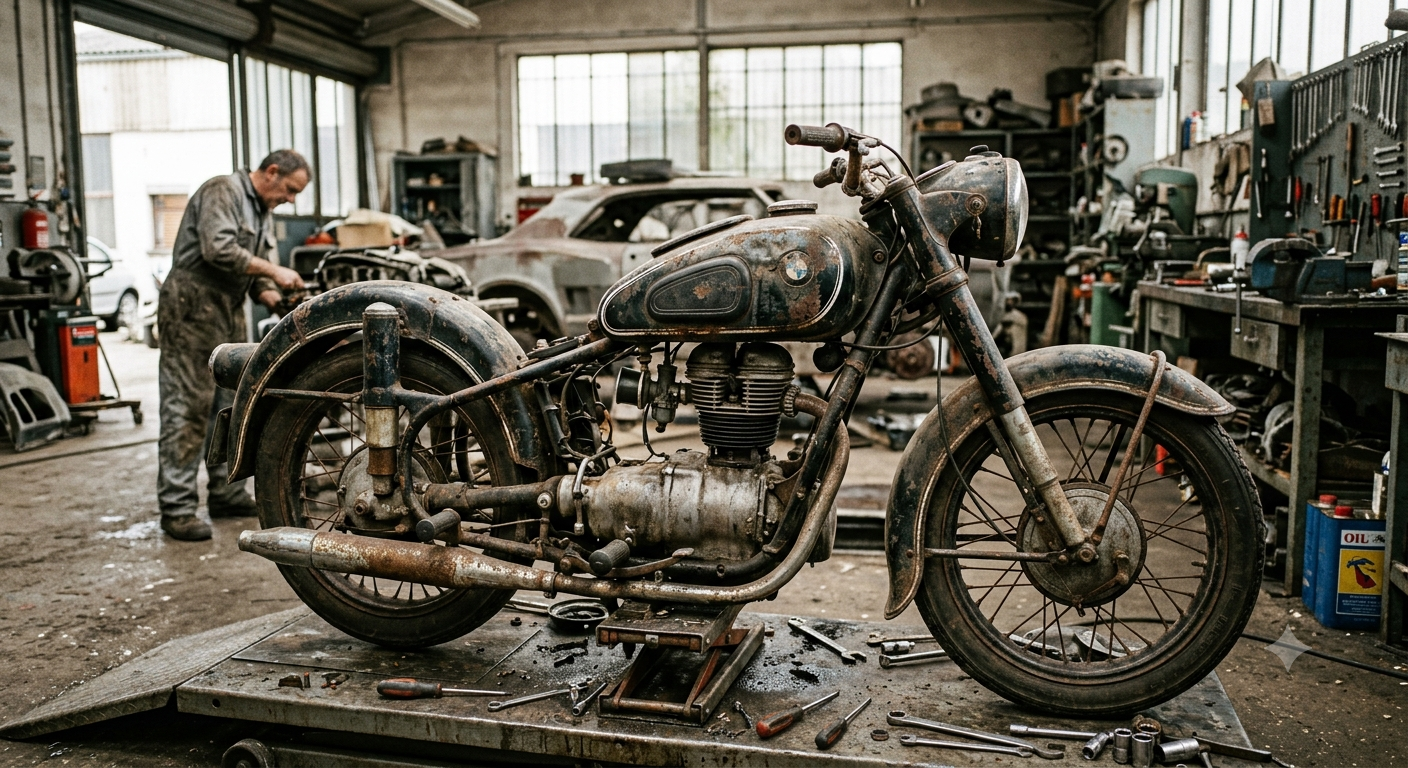 Une vieille moto rouillée dans un atelier de mécanicien encombré,