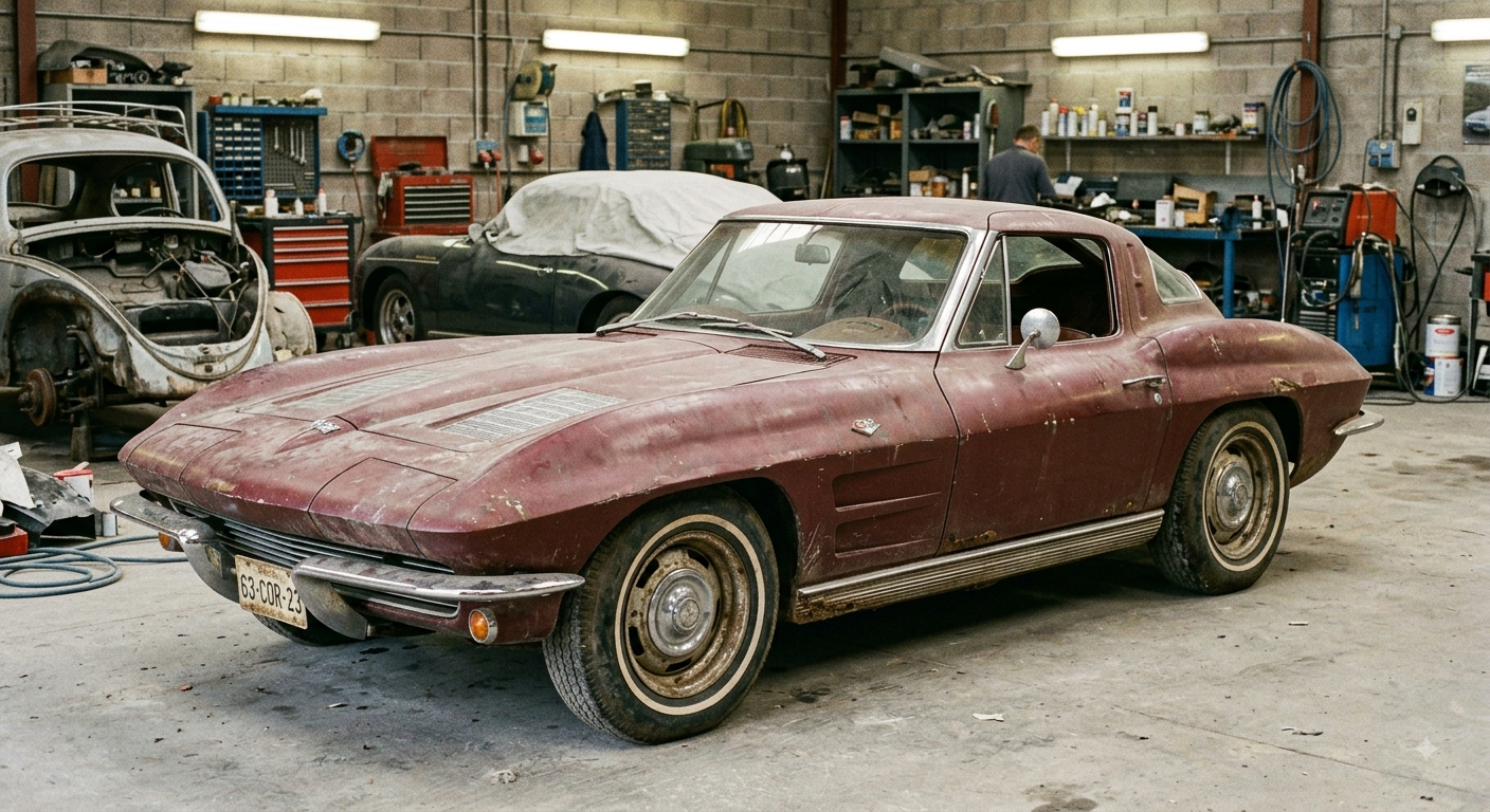 Une voiture de sport classique bordeaux poussiéreux garée dans un garage automobile encombré