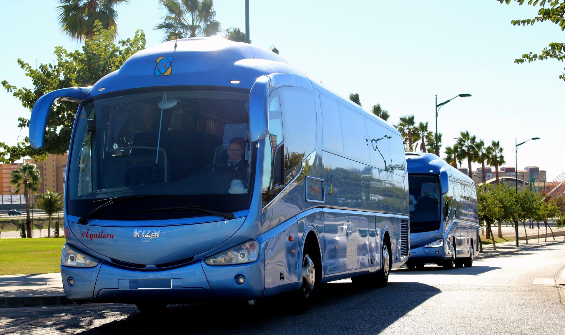 Dos autobuses azules están estacionados al costado de la carretera.