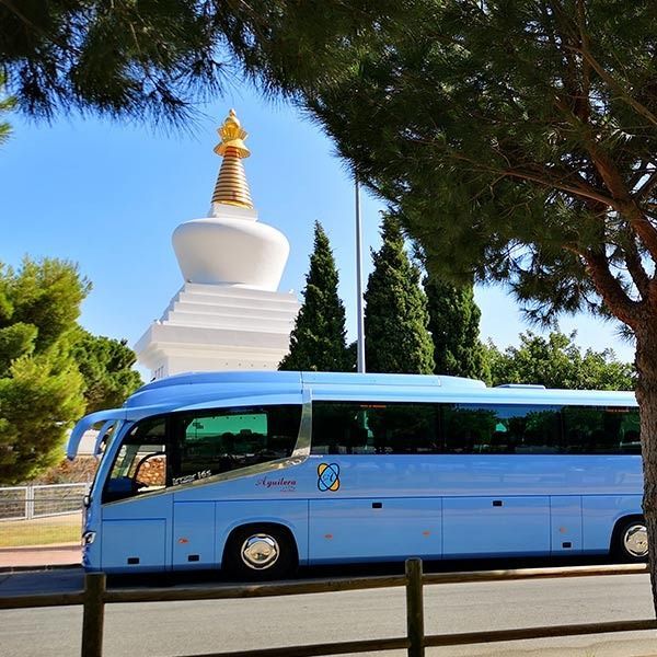 Un autobús azul con la letra m en el costado.