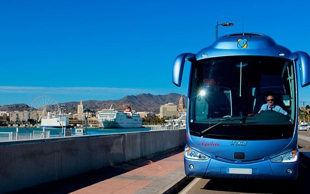 Un autobús azul está estacionado al costado de la carretera al lado de un cuerpo de agua.