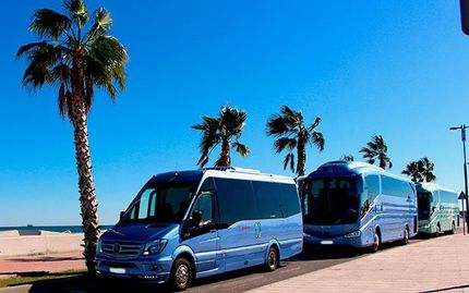Dos autobuses azules están estacionados uno al lado del otro al costado de la carretera.