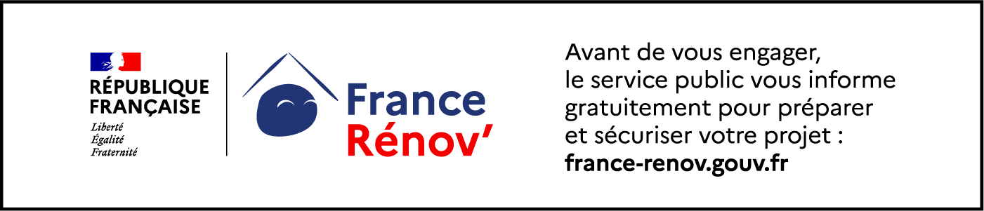 Bannière du gouvernement français et de France Rénov’ avec un avertissement contre les arnaques à la rénovation énergétique